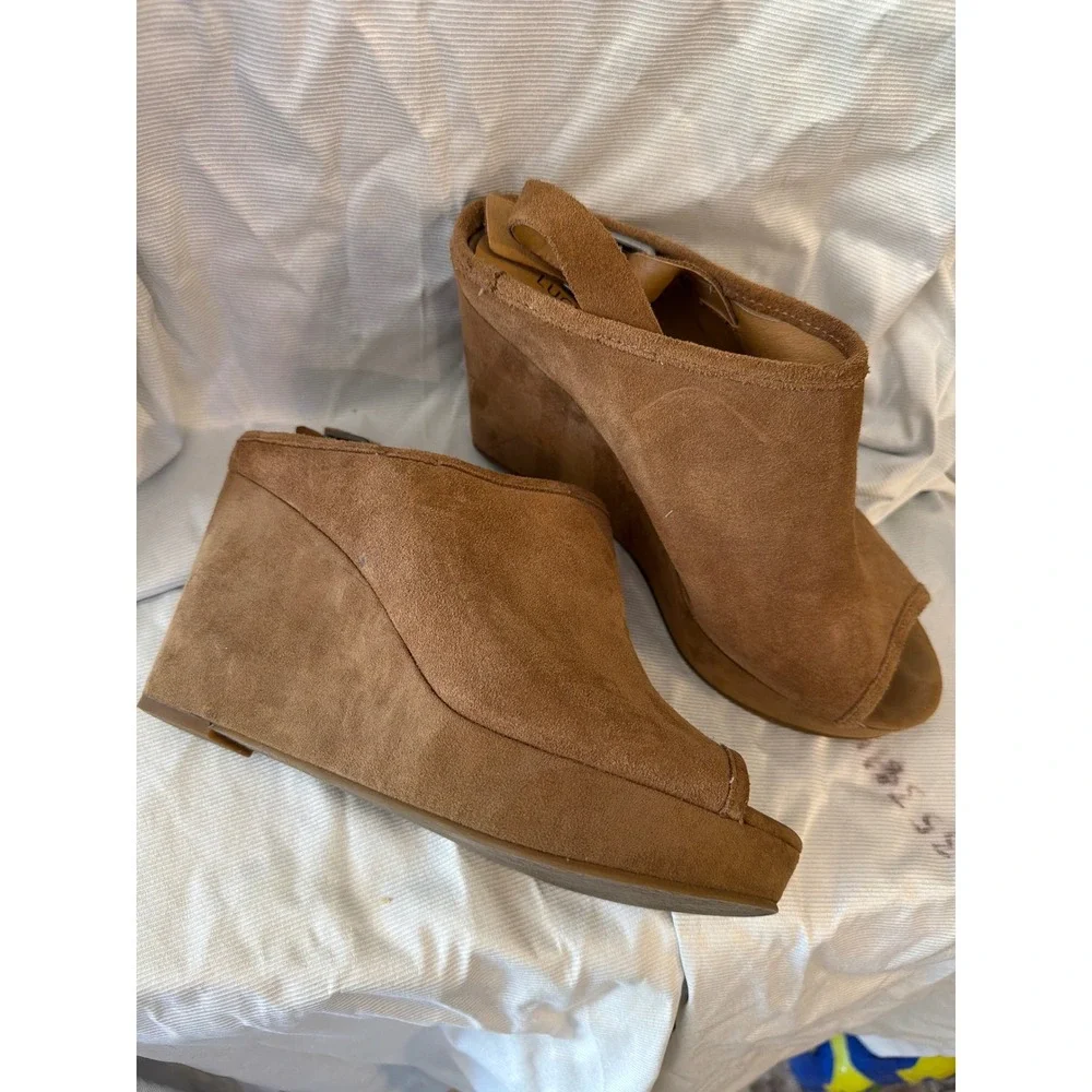 Lucky Brand Tan Suede Peep Toe Wedge Sandals Slingback Platform‎ Shoes Womens